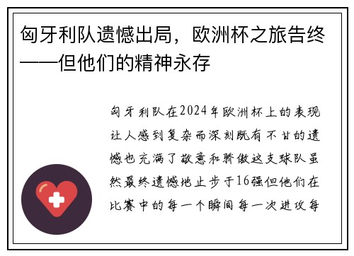 匈牙利队遗憾出局，欧洲杯之旅告终——但他们的精神永存