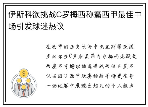 伊斯科欲挑战C罗梅西称霸西甲最佳中场引发球迷热议