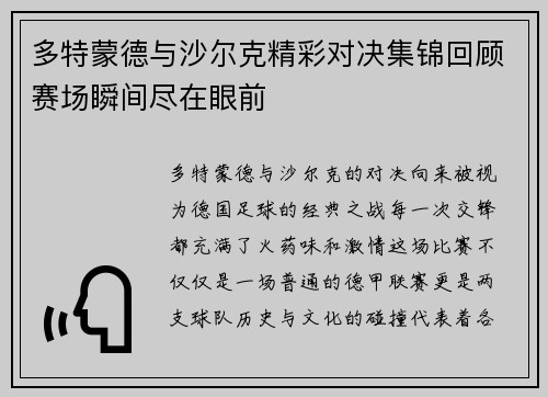 多特蒙德与沙尔克精彩对决集锦回顾赛场瞬间尽在眼前