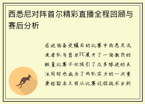 西悉尼对阵首尔精彩直播全程回顾与赛后分析