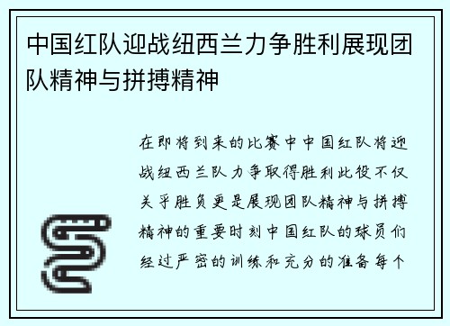 中国红队迎战纽西兰力争胜利展现团队精神与拼搏精神