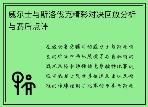 威尔士与斯洛伐克精彩对决回放分析与赛后点评
