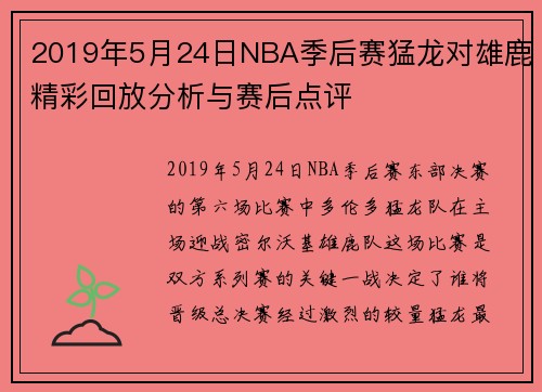 2019年5月24日NBA季后赛猛龙对雄鹿精彩回放分析与赛后点评