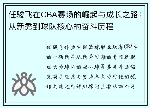 任骏飞在CBA赛场的崛起与成长之路：从新秀到球队核心的奋斗历程
