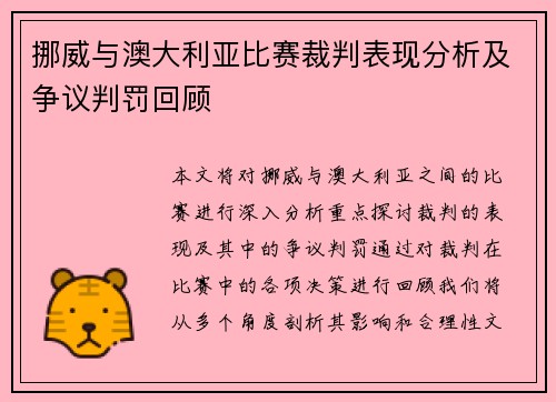 挪威与澳大利亚比赛裁判表现分析及争议判罚回顾