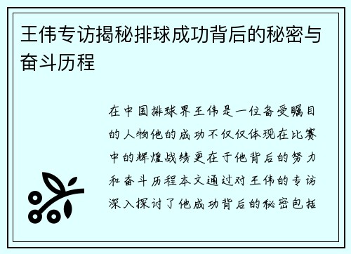 王伟专访揭秘排球成功背后的秘密与奋斗历程