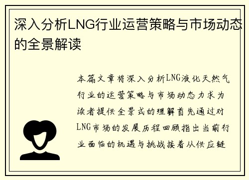 深入分析LNG行业运营策略与市场动态的全景解读