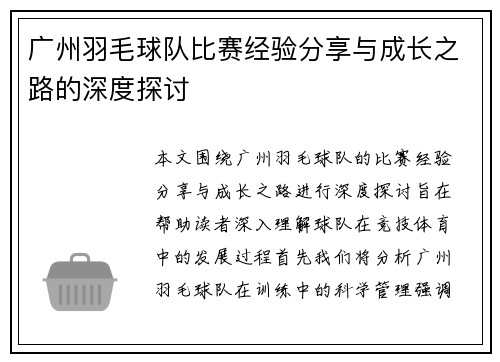 广州羽毛球队比赛经验分享与成长之路的深度探讨